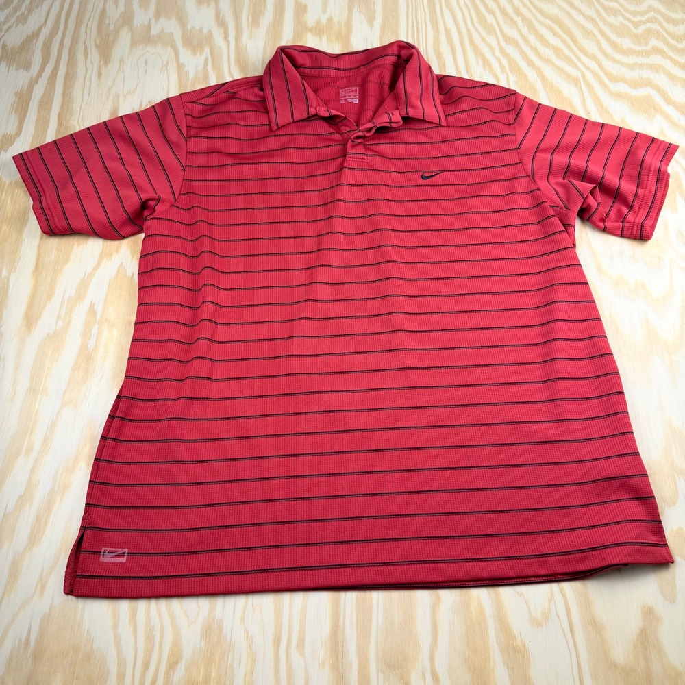 Nike Mens XL Red Black Striped Short Sleeve Golf Polo Shirt Waffle Knit Swoosh - Picture 4 of 7